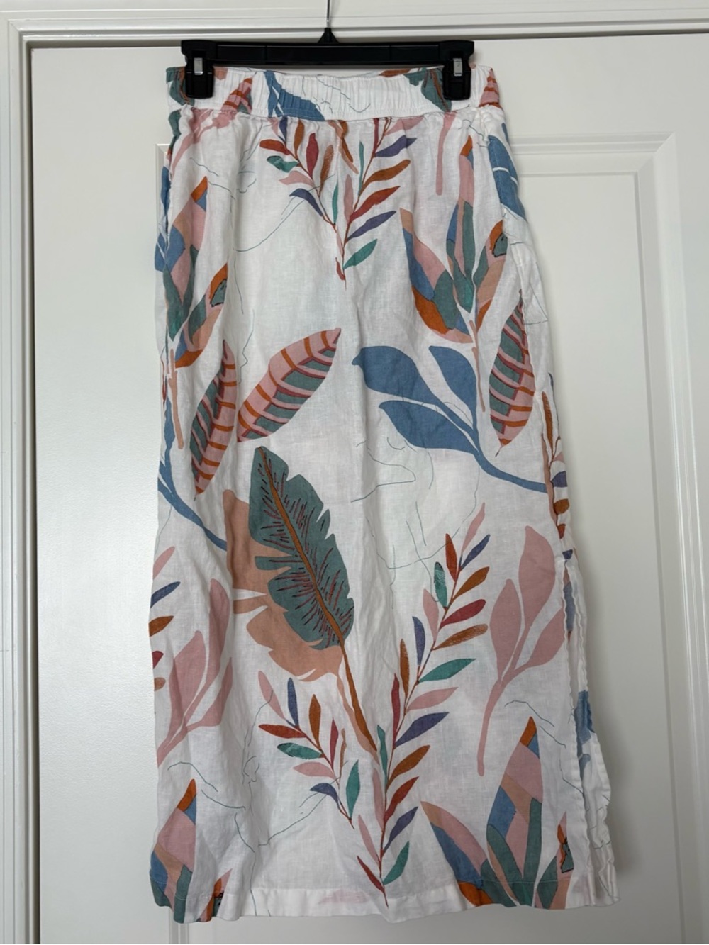 White Floral Linen Blend Midi Skirt with Blue and Coral Leaves - Picture 4 of 7